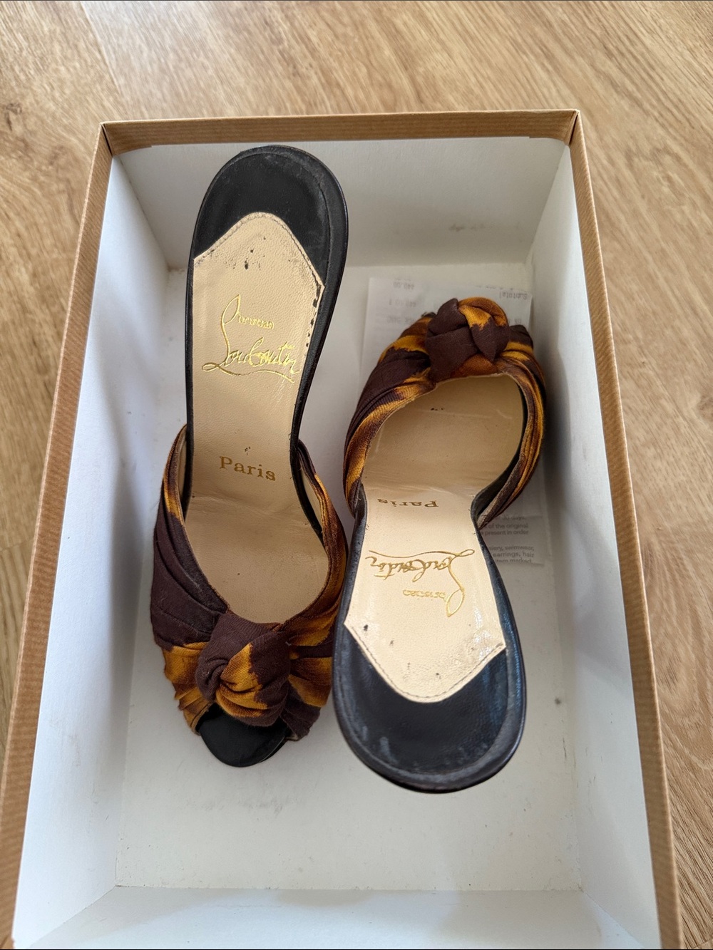 Christian Louboutin Madeleine Brown & Gold Knotted Slide Sandals